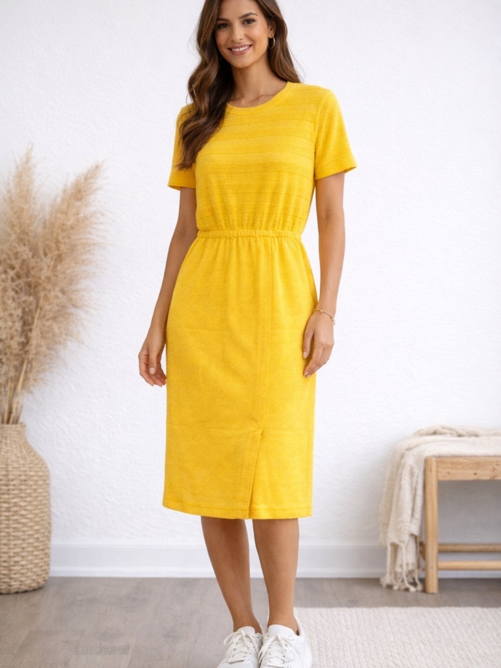Talbots Yellow Textured Knit Dress Short Sleeve Midi Sheath Size M